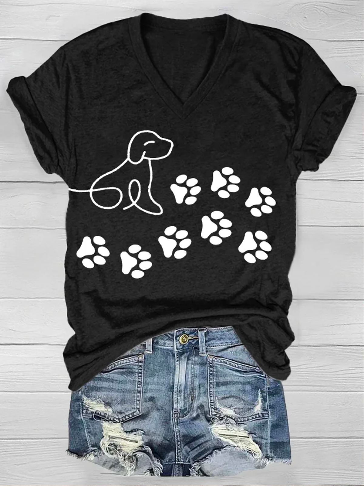 Women's Dog Paw Print Casual Loose V Neck Dog T-Shirt