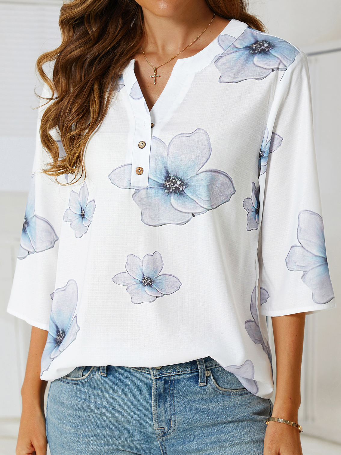 Women's Summer Floral Half Sleeve V Neck Blouse & Shirt