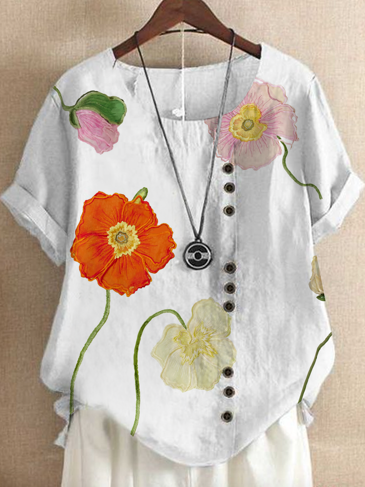 Crew Neck Loose Simple Floral Linen Style Blouse