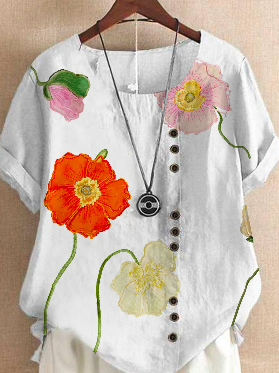 Crew Neck Loose Simple Floral Linen Style Blouse