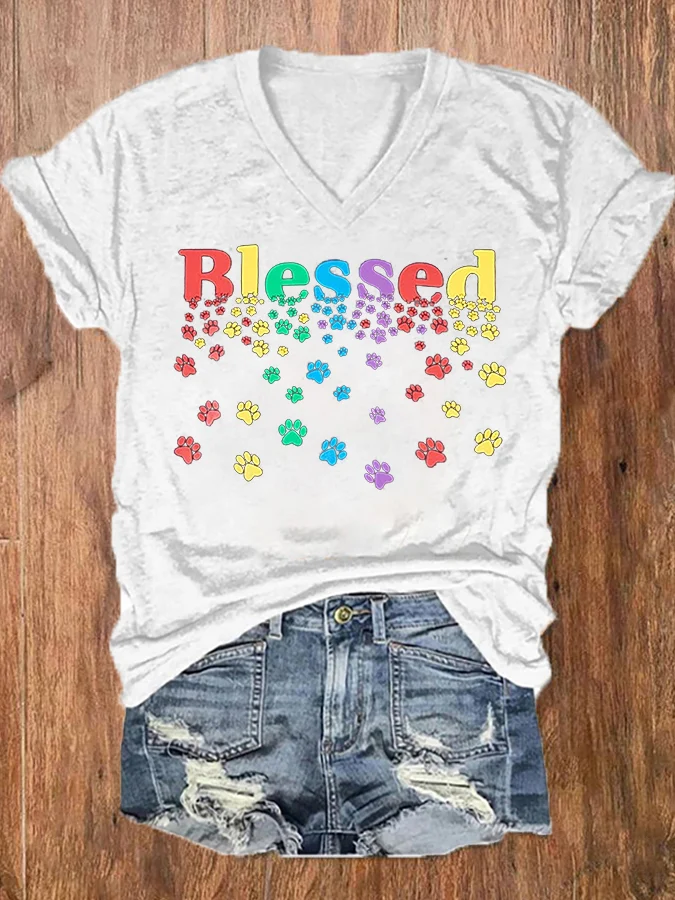 Women's Colorful Blessed Paws Dog Lover Casual Cotton-Blend Loose Dog Casual T-Shirt