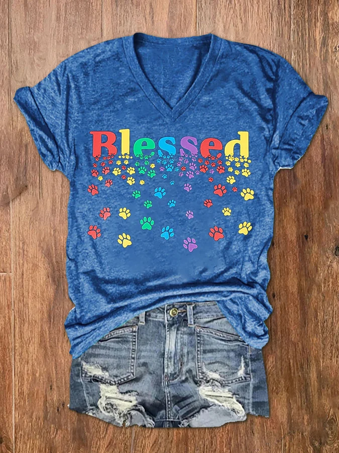 Women's Colorful Blessed Paws Dog Lover Casual Cotton-Blend Loose Dog Casual T-Shirt
