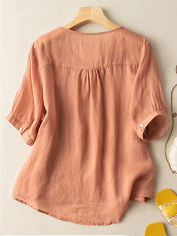 Casual Cotton And Linen Plain Loose Embroidery Shirt