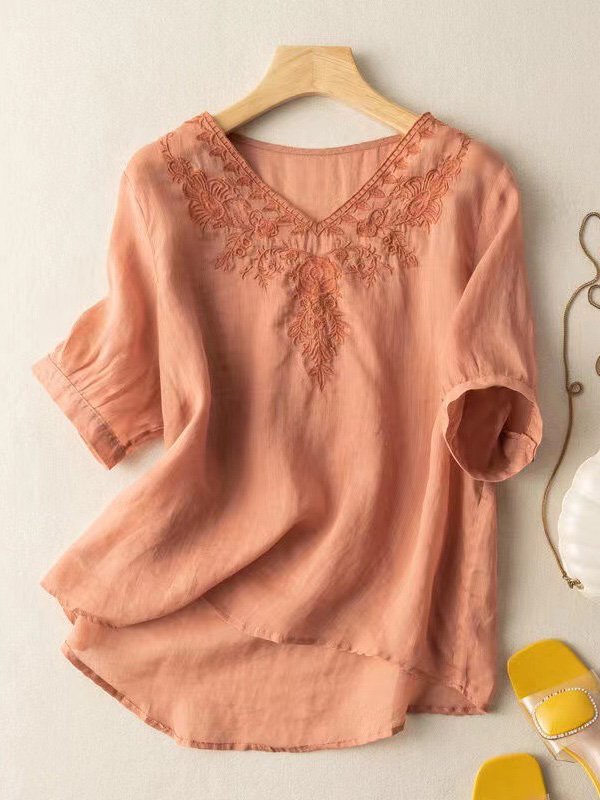 Casual Cotton And Linen Plain Loose Embroidery Shirt