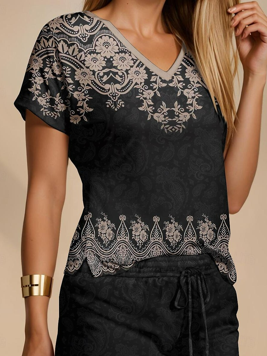 V Neck Loose Nationality/Ethnic Casual Two-Piece Set