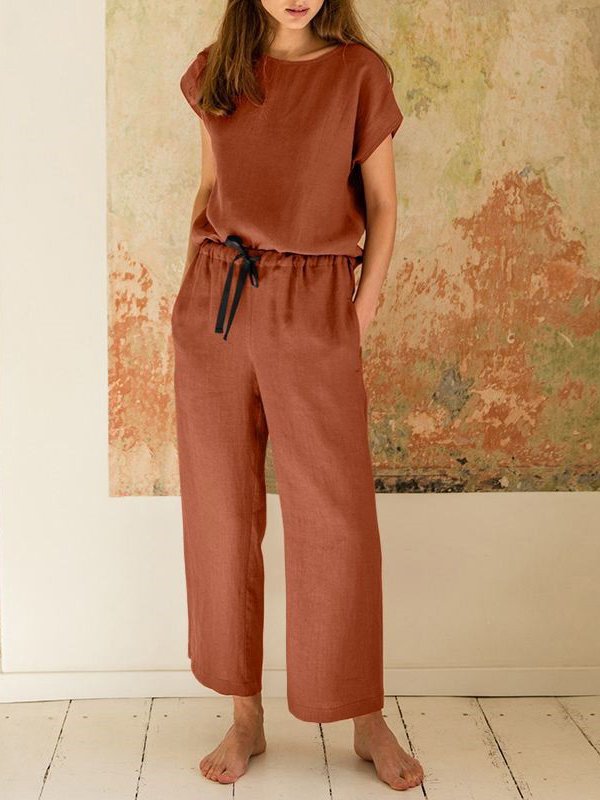 Crew Neck Casual Cotton Loose Two-Piece Set