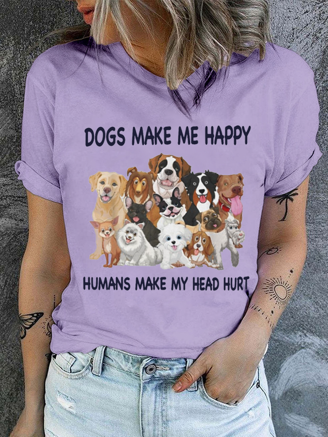 Cotton Dogs Make Me Happy Humans Make My Head Hurt Casual Text Letters T-Shirt