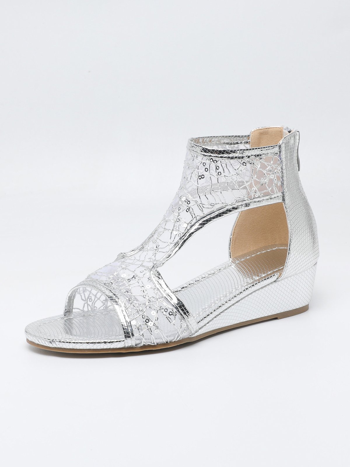 Silver Sequined Mesh Paneled Wedge Sandals