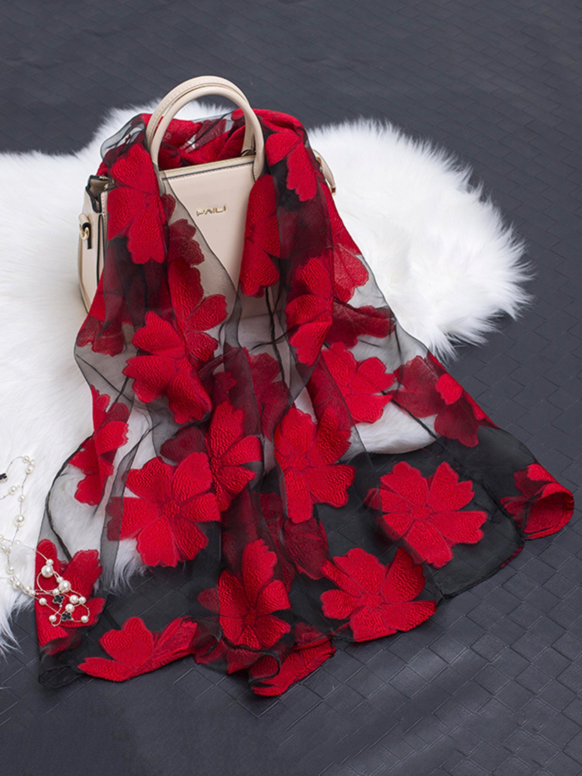 Elegant Floral Organza Scarf Lightweight Shawl Wrap