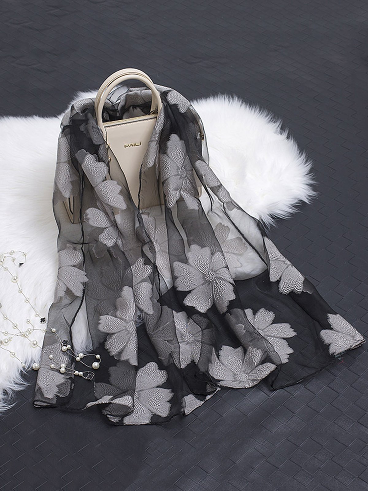 Elegant Floral Organza Scarf Lightweight Shawl Wrap