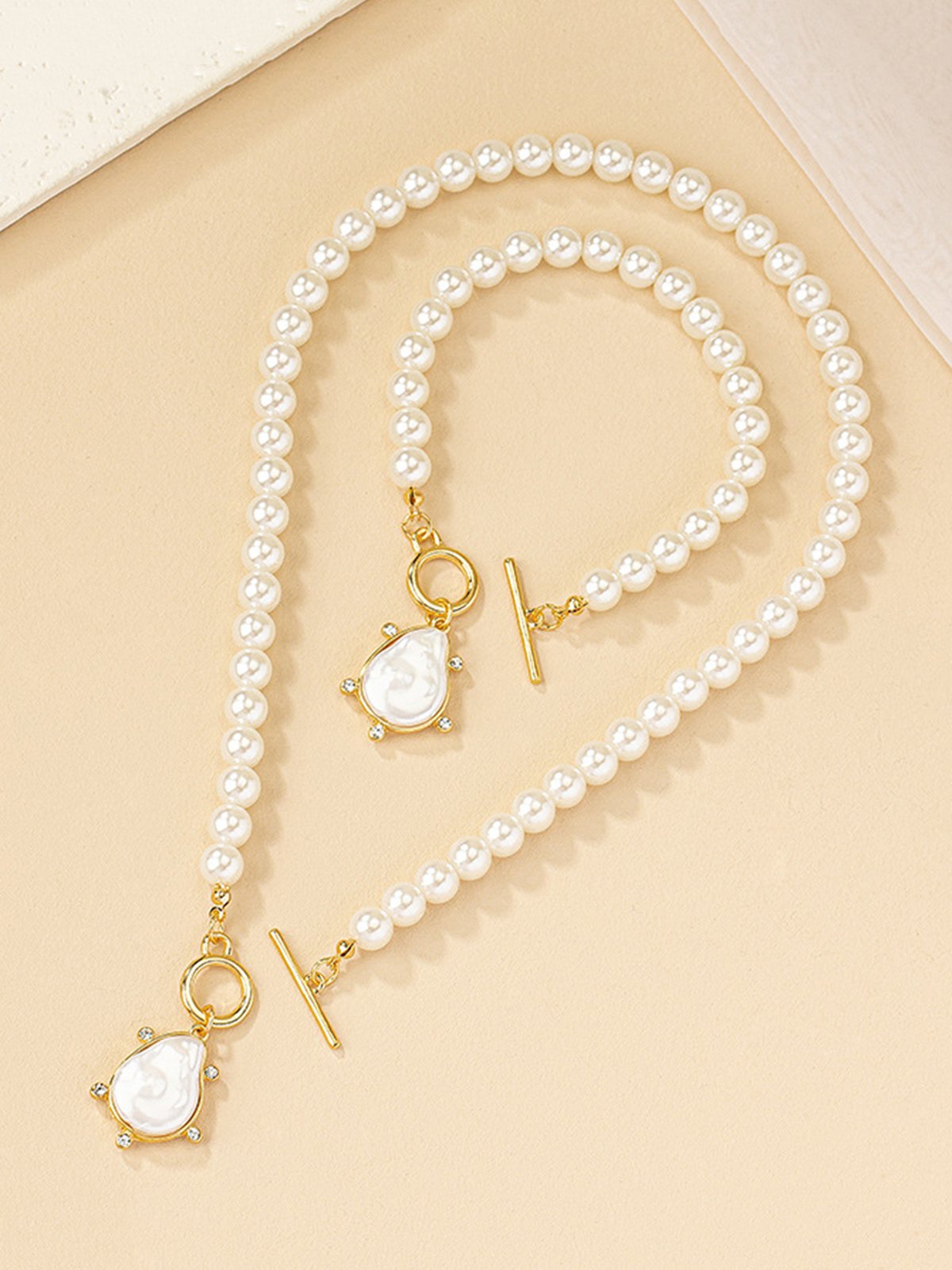 2pcs/set Rhinestone Pendant Necklace Imitation Pearl Bracelet
