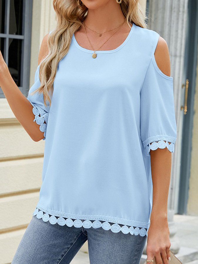 Off Shoulder Sleeve Lace Casual Plain Loose Shirt