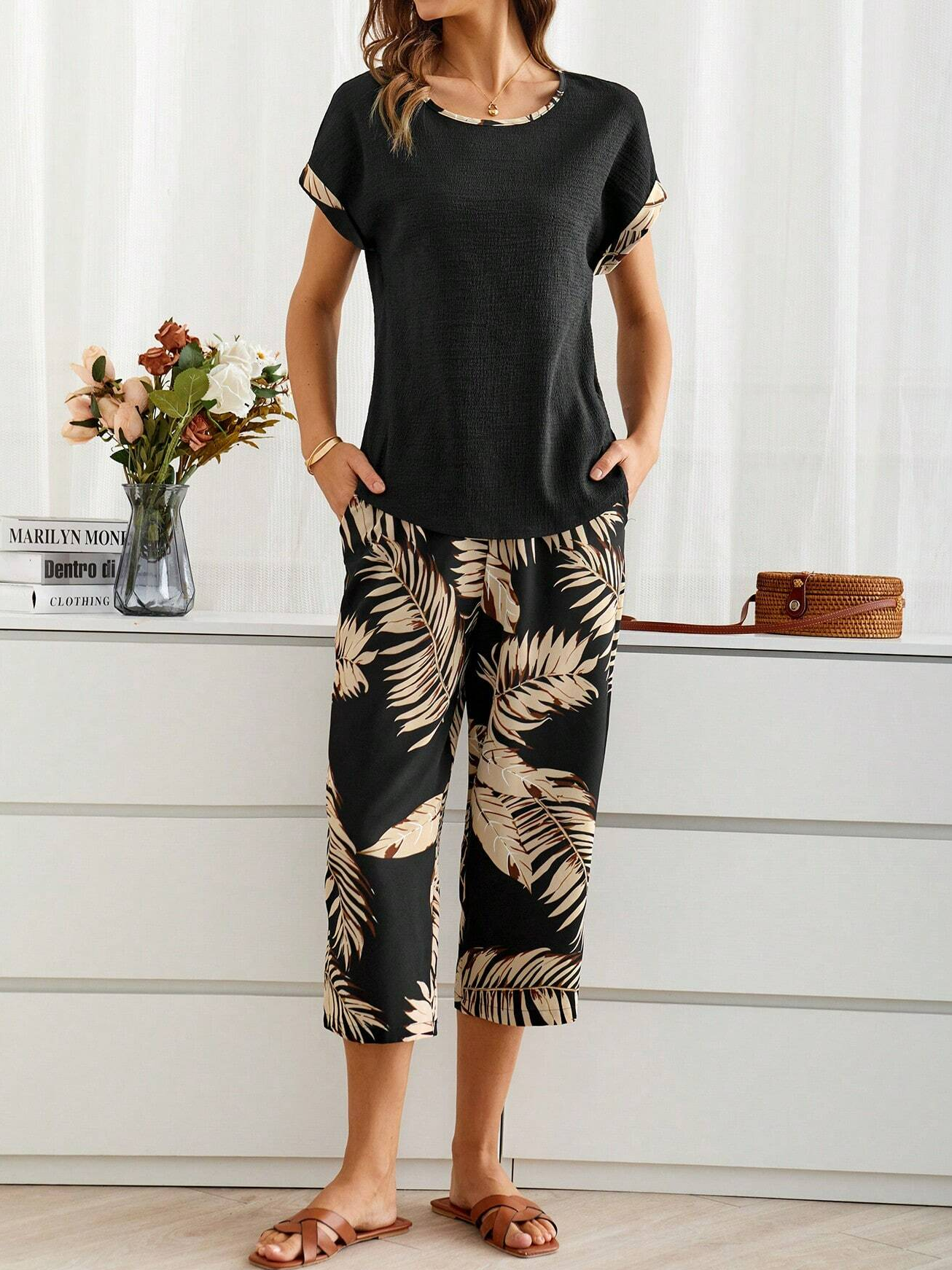 Loose Crew Neck Palm Leaf Casual Two-Piece Set