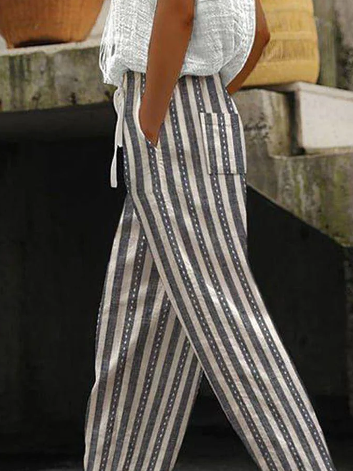 Casual Striped Pocket Stitching Pants