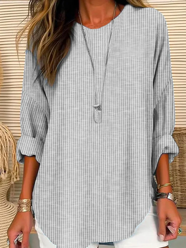 Striped Casual Loose Long Sleeve Linen Style Blouses