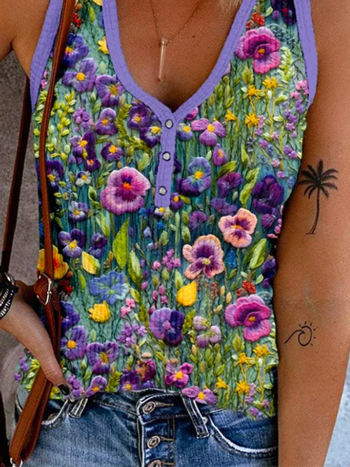 Casual Floral Buckle Loose Tank Top