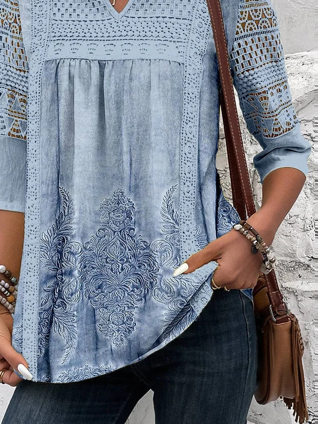 Lace Plain Loose Casual Shirt