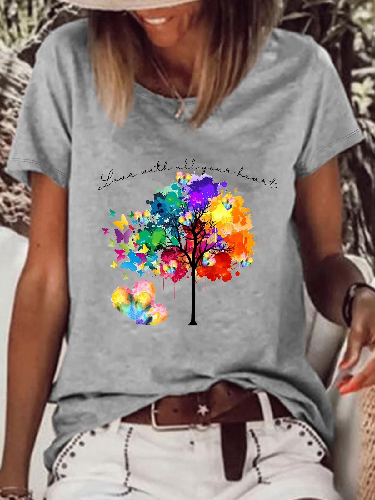 Vibrant Rainbow Tree Text Letters Casual T-Shirt