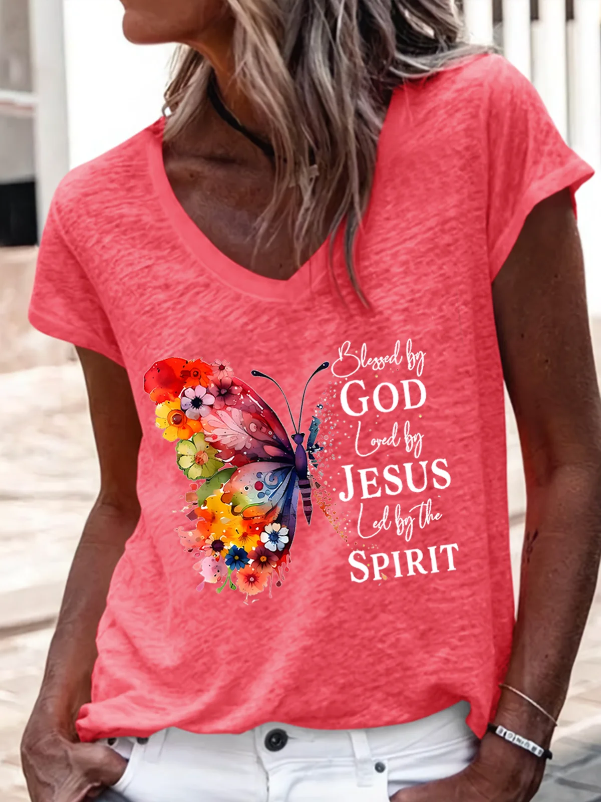 Blessed By God Loved By Jesus Led By The Spirit Casual Regular Fit V Neck Plain T-Shirt