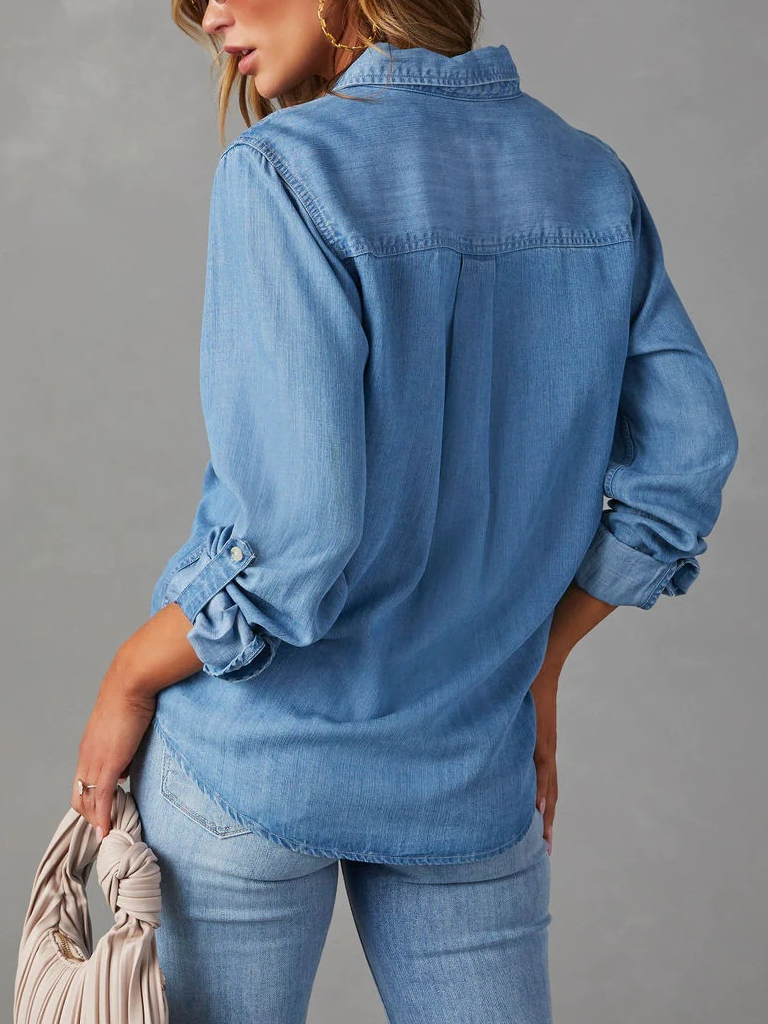 Abstract Denim Shirt Collar Casual Blouse