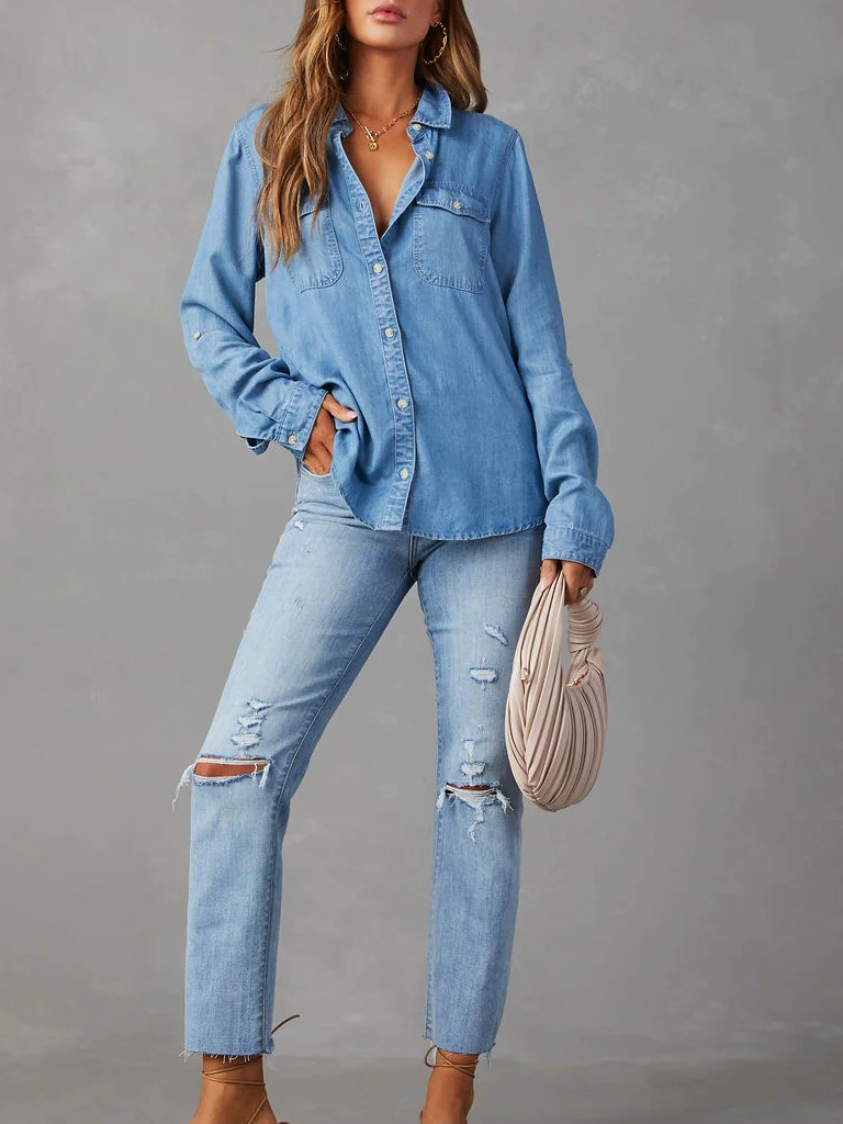 Abstract Denim Shirt Collar Casual Blouse