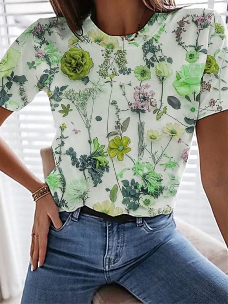 Loose Crew Neck Floral Casual T-Shirt