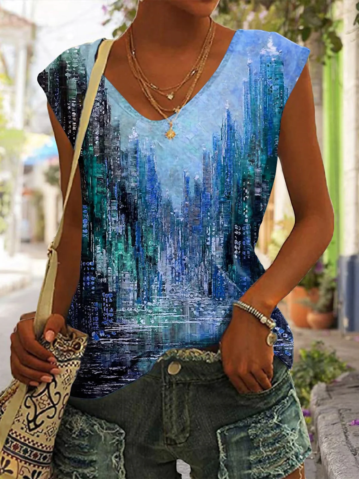 Casual V Neck Landscape Print Loose T-Shirt