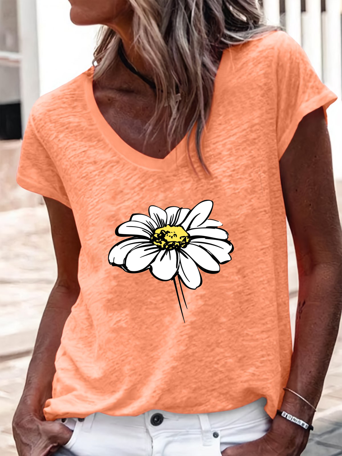 Cotton-Blend V Neck Casual Floral T-Shirt