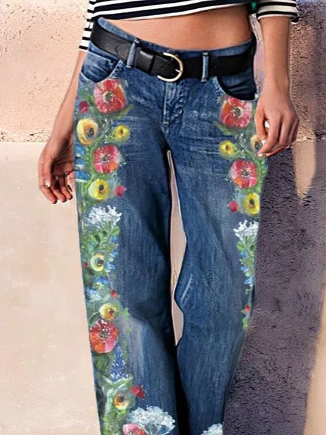 Pocket Stitching Loose Floral West Style Jeans