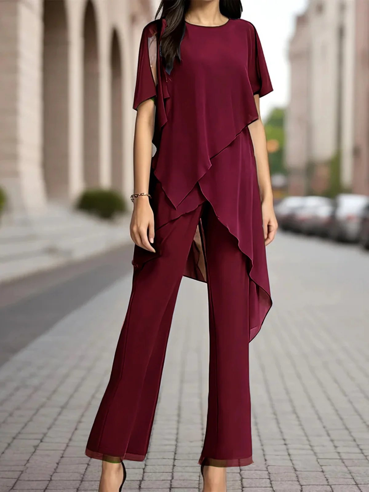 Chiffon V Neck Loose Elegant Two-Piece Set