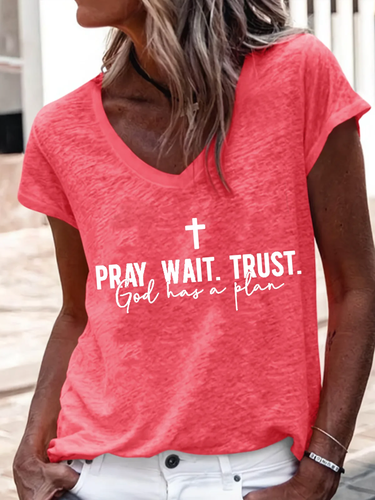 Women's Pray Wait Trust V Neck Casual Regular Fit T-Shirt
