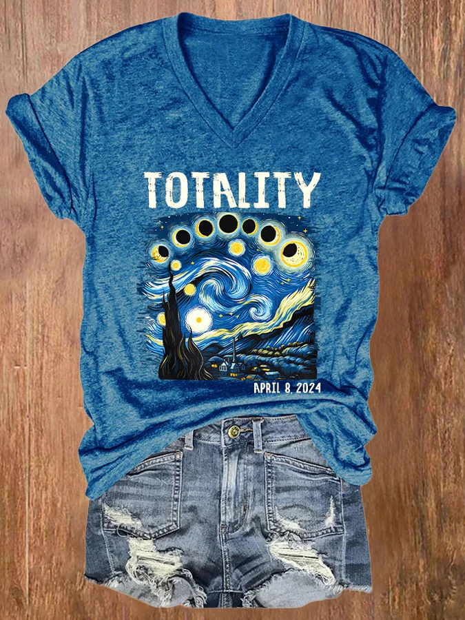 V-neck Retro Starry Night & Totality Solar Eclipse Of April 8, 2024 Print T-Shirt