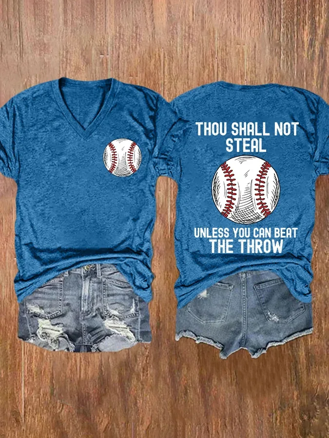 V-neck Retro Baseball Thou Shall Not Steal Unless You Can Beat The Throw Print T-Shirt