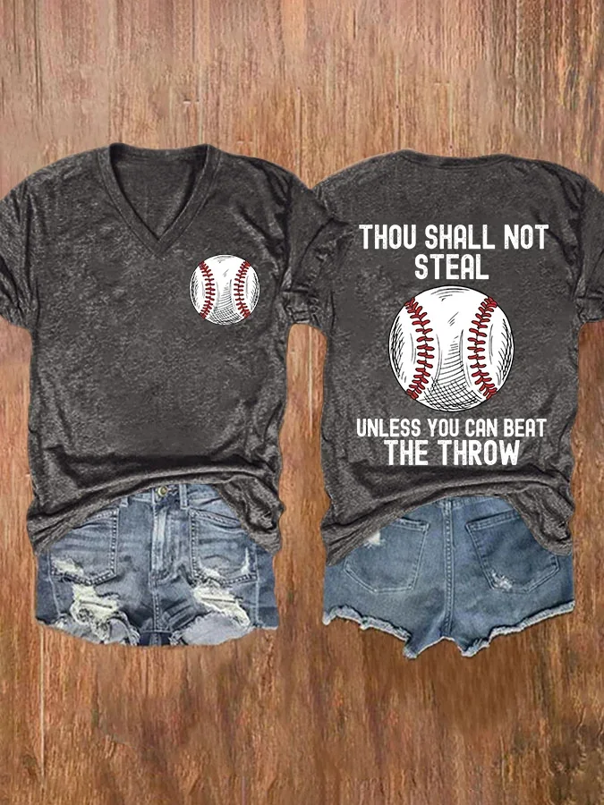 V-neck Retro Baseball Thou Shall Not Steal Unless You Can Beat The Throw Print T-Shirt