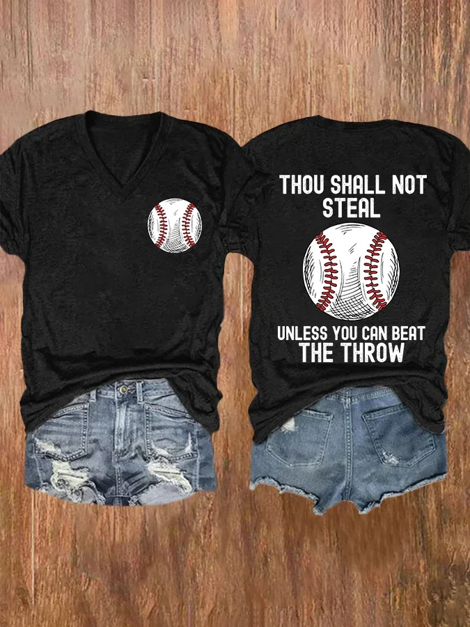 V-neck Retro Baseball Thou Shall Not Steal Unless You Can Beat The Throw Print T-Shirt