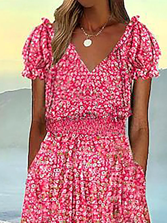 Pocket Stitching Disty Floral Loose Vacation Dress