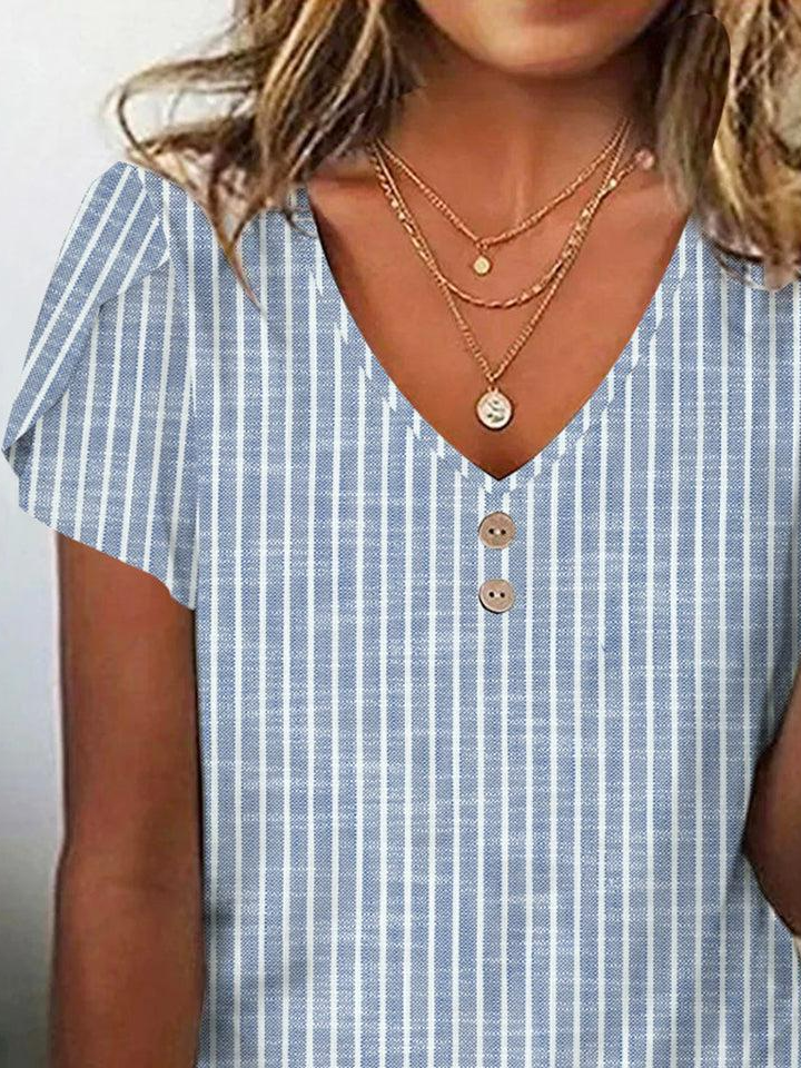 V Neck Loose Striped Casual T-Shirt