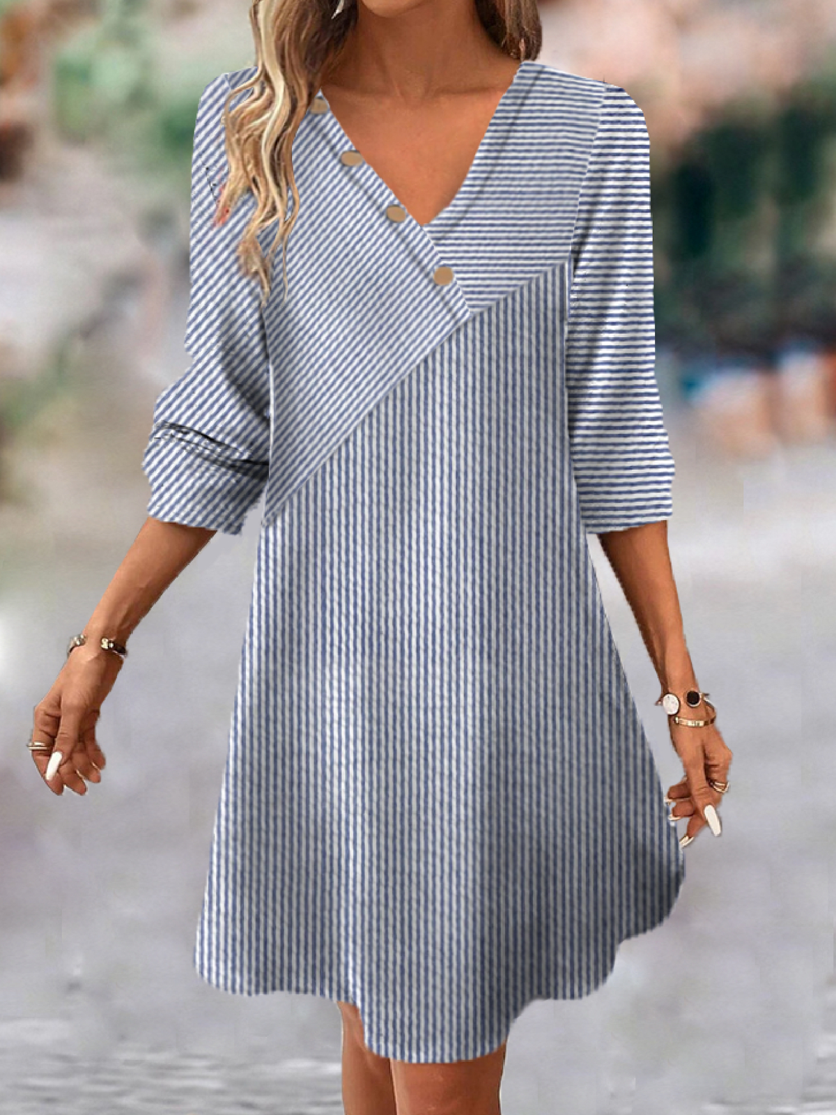 Striped Loose V Neck Casual Dress With No