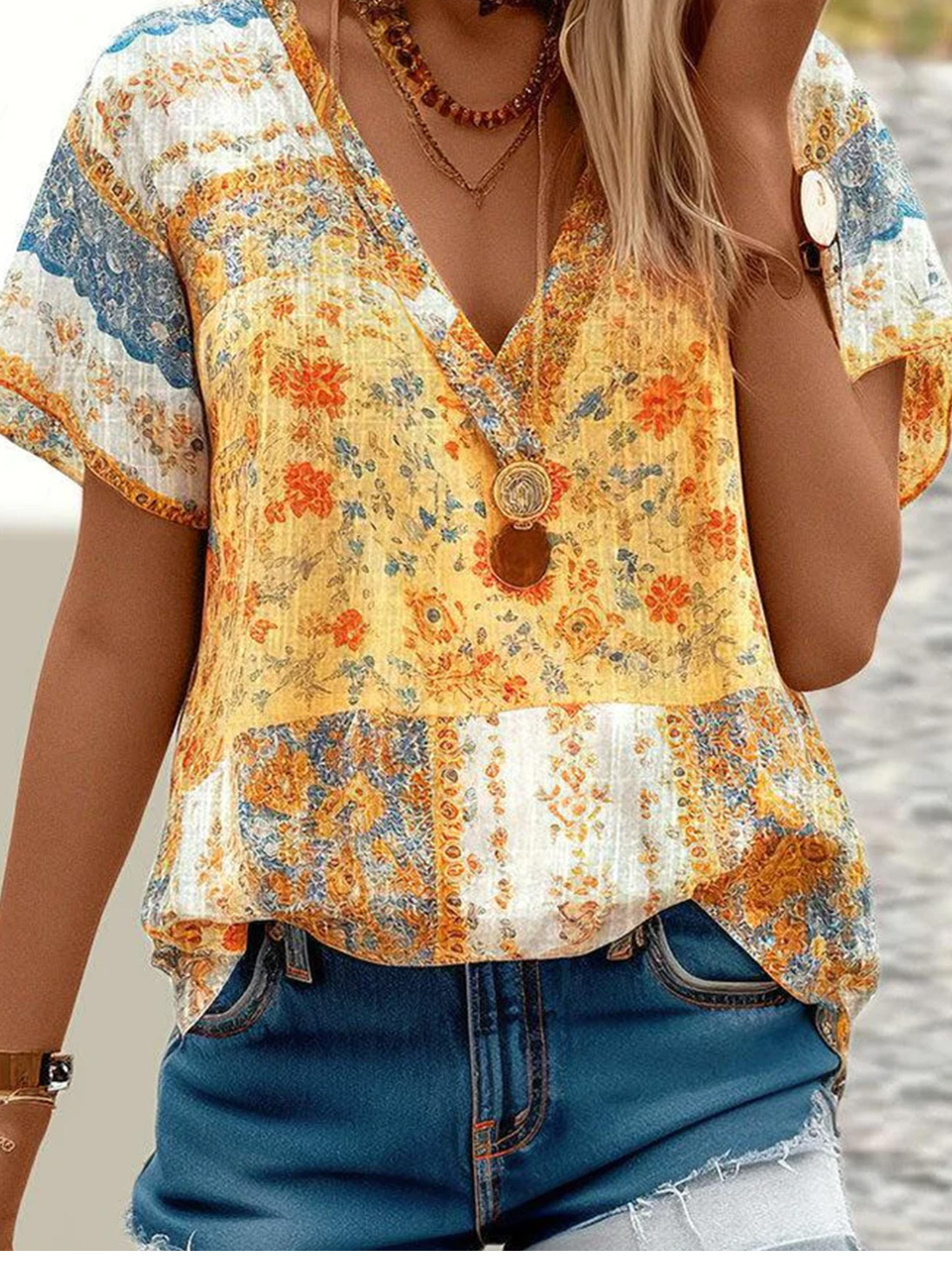 V Neck Loose Vacation Ethnic Shirt