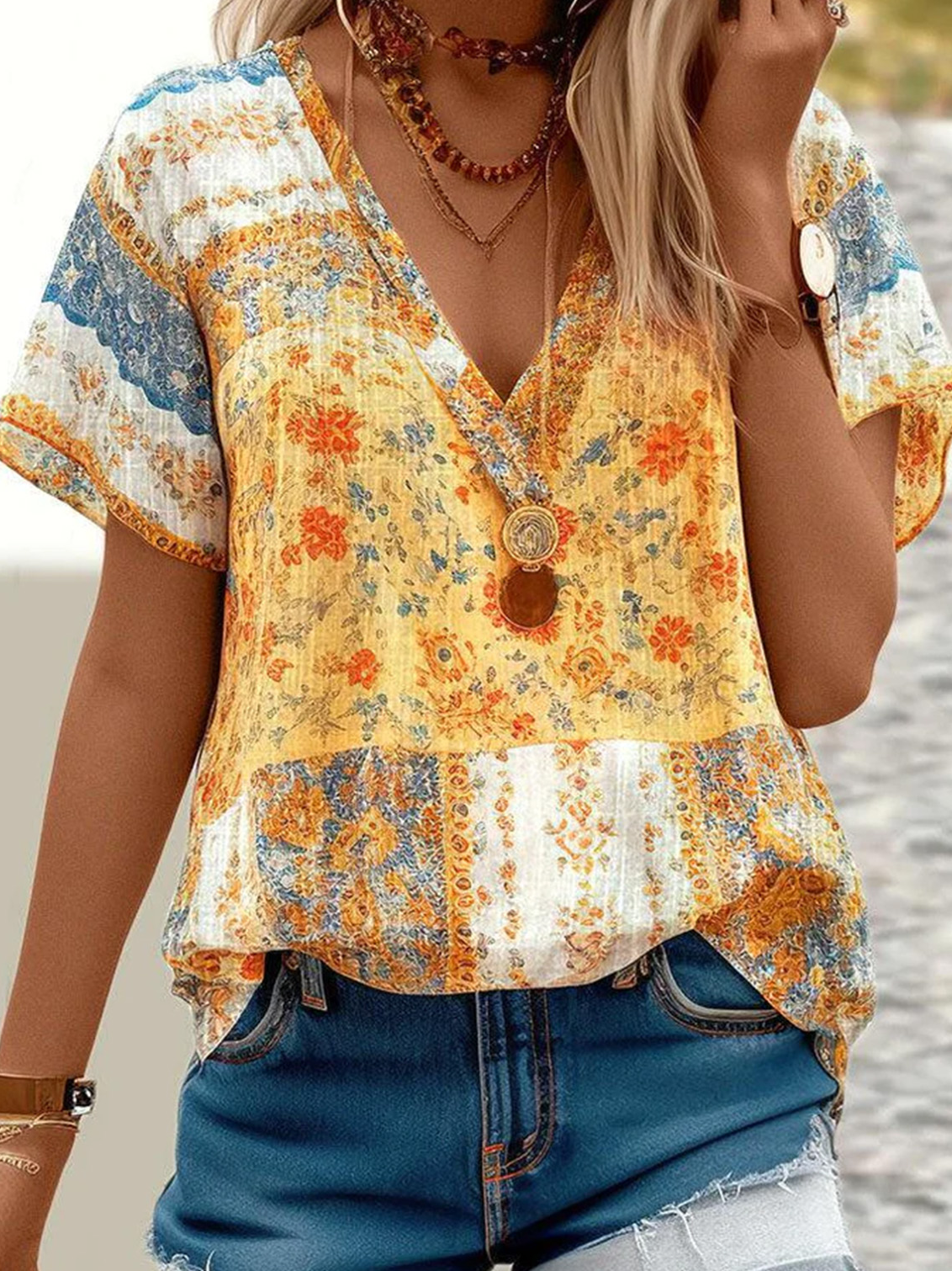 V Neck Loose Vacation Ethnic Shirt