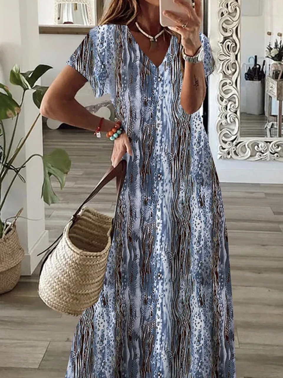 Loose Casual V Neck Abstract Dress