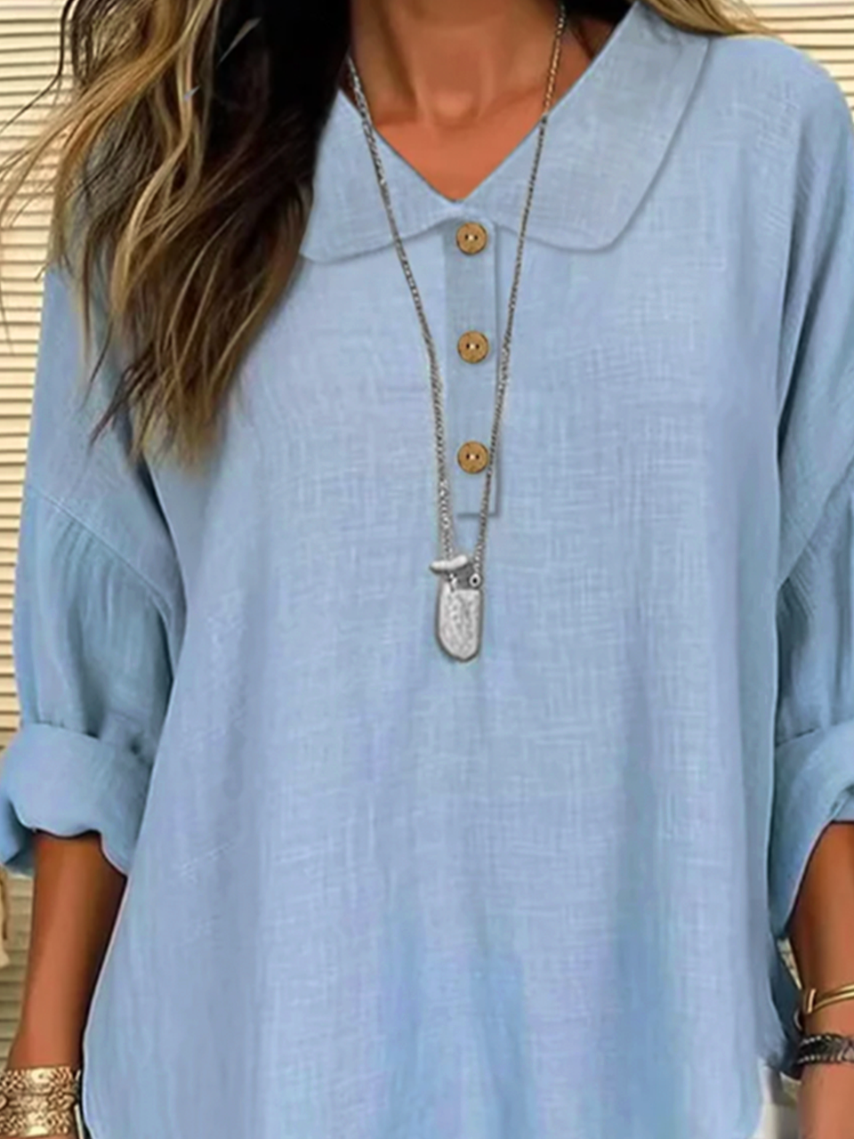 Loose Plain Shirt Collar Simple Linen Style Blouse