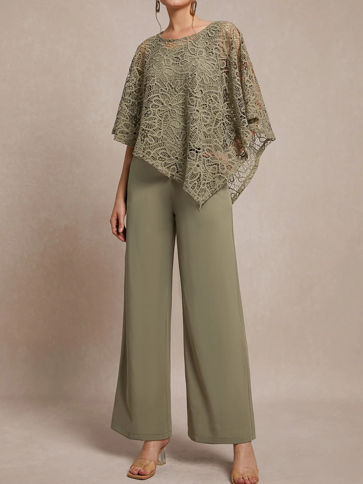 Lace crew neck top trousers set