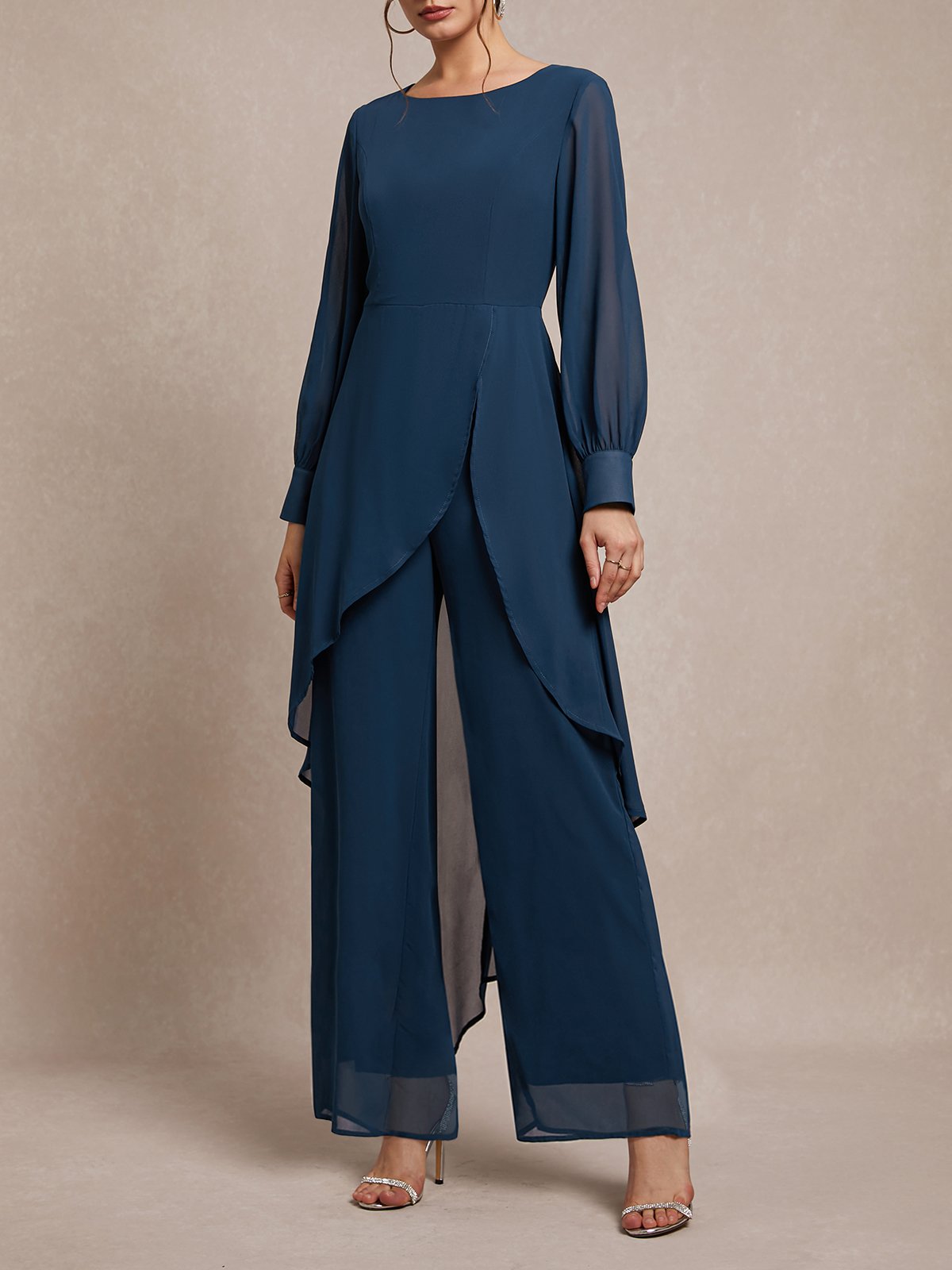 Loose Elegant Chiffon Crew Neck Jumpsuit