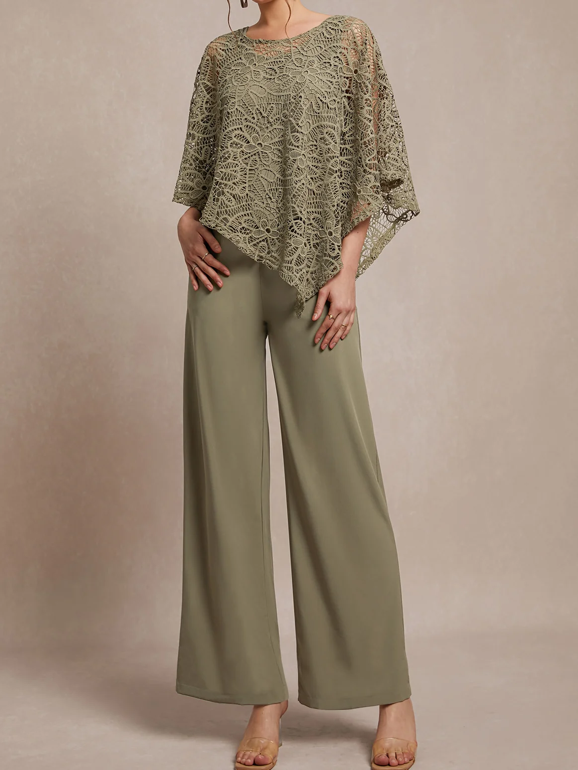 Lace crew neck top trousers set