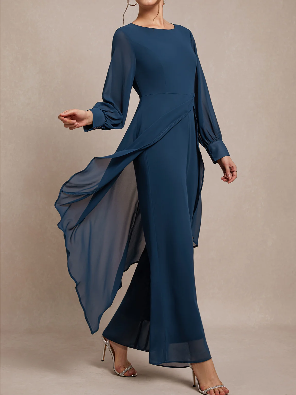 Loose Elegant Chiffon Crew Neck Jumpsuit