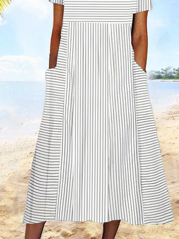 Loose Crew Neck Casual Striped Dress