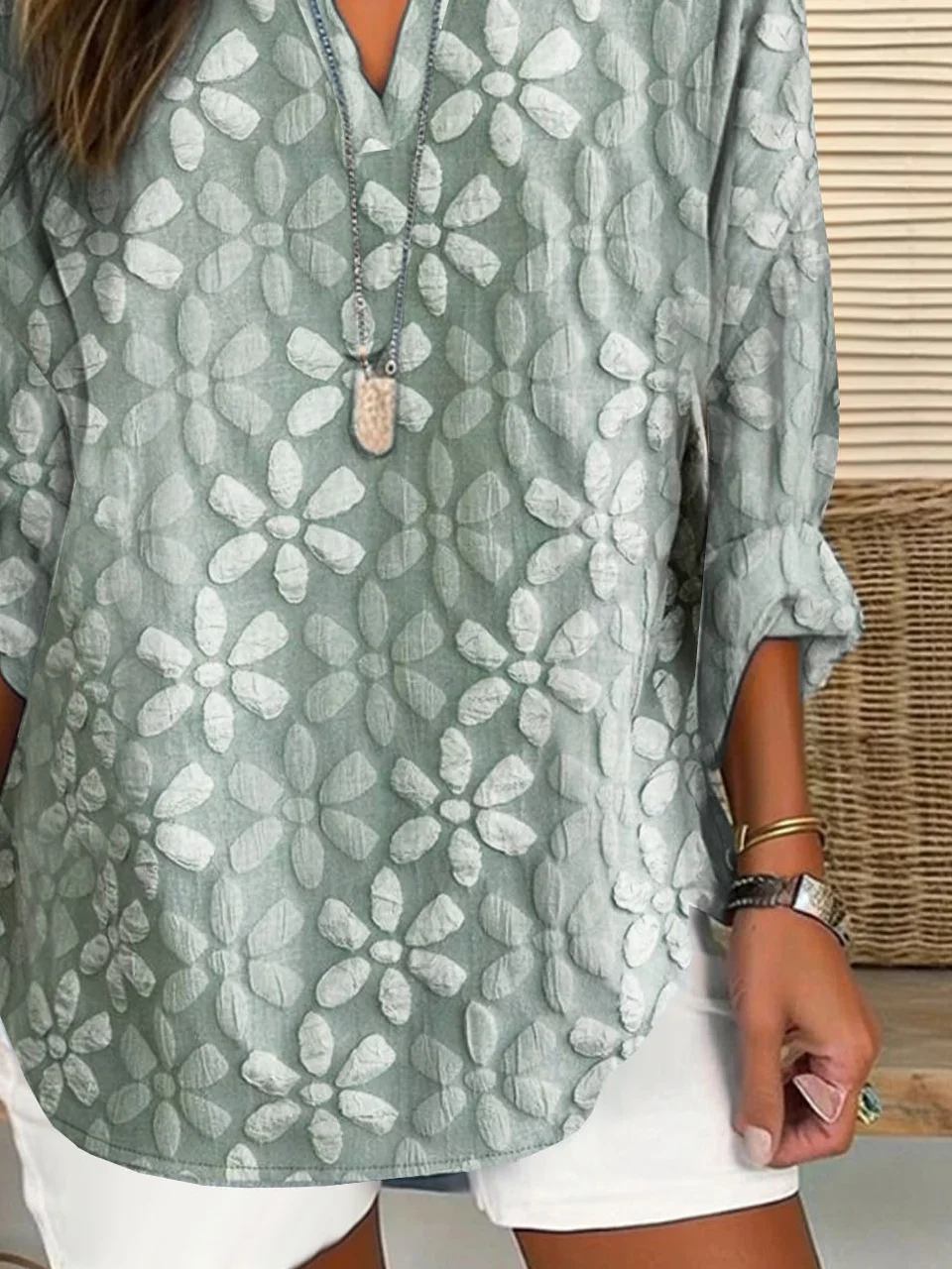 Floral Stand Collar Casual Loose Shirt