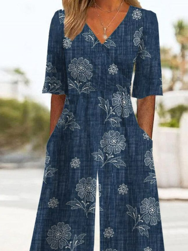 Casual Pocket Stitching Floral Jumpsuit