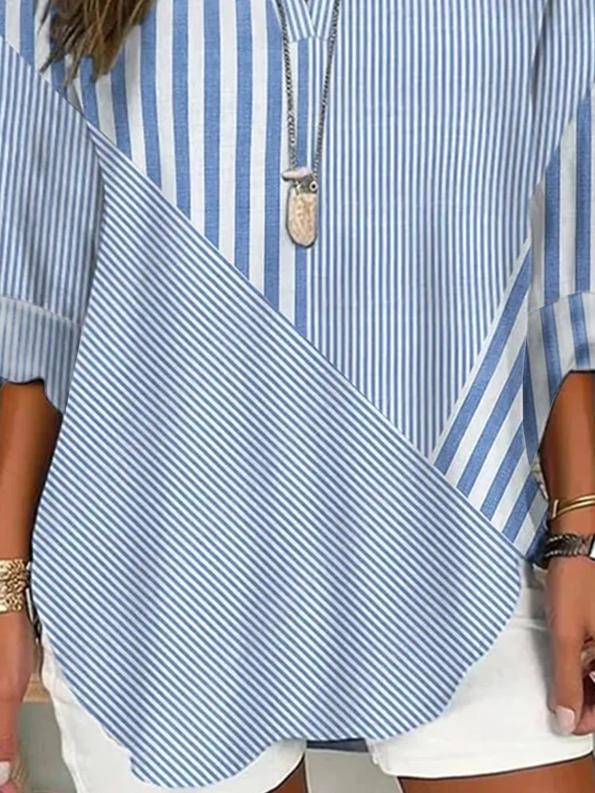 Notched Loose Striped Casual Cotton Shirt